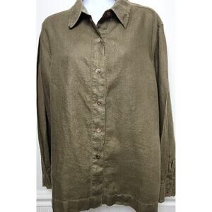 Kate Hill 100% Linen Shirt Large Button Up Lagenlook Tunic L/S Kahki Green
